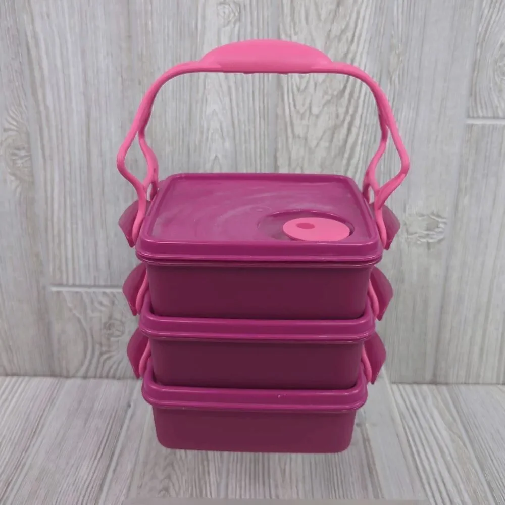 Vintage Tupperware Set of 3 Stackable Square Containers with Cariolier Pink